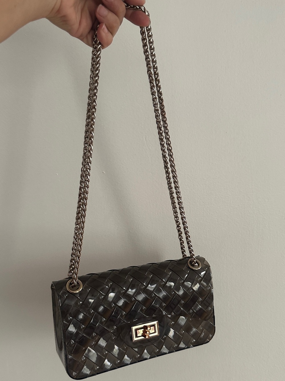Vintage PVC Black Shoulder Bag with Chain Strap!